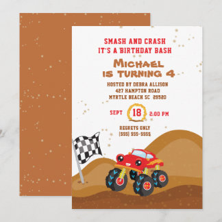 Red Monster Truck 4. Geburtstag Racing Einladung