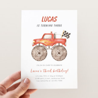 Red Monster Truck Any Age Birthday Party Einladung