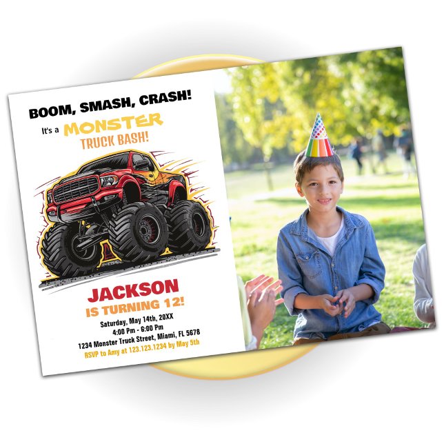 Red Monster Truck Birthday Einladungen Foto (Red Monster Truck Birthday Invitations Photo)