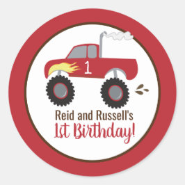 Red Monster Truck Birthday Gevor Runder Aufkleber
