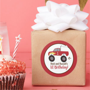 Red Monster Truck Birthday Gevor Runder Aufkleber