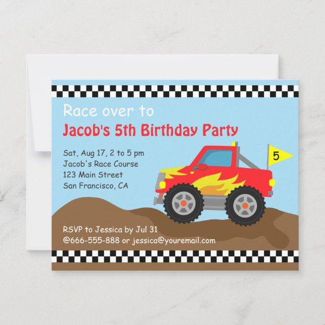 Red Monster Truck Birthday Party, für Kinder Einladung (Vorderseite)