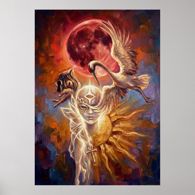 Red Moon Crane Symbolic Art Poster (Vorne)