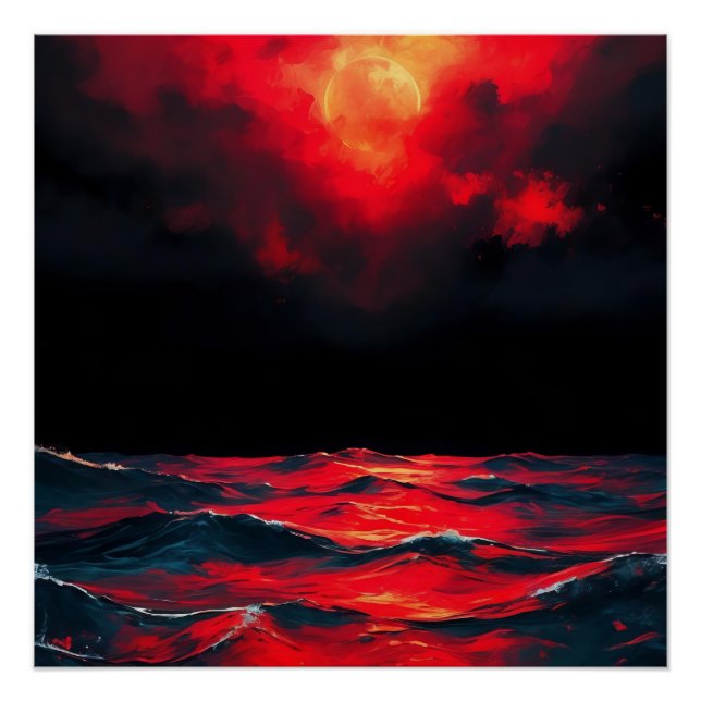 Red Moon Over Dark Ocean Draming Fantasy Seascape Poster (Vorderseite)
