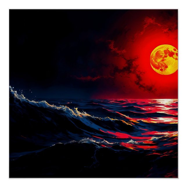 Red Moon Over Stormy Sea Fantasy Seascape Poster (Vorderseite)