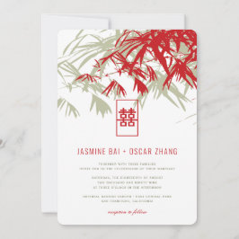 Red & Moss Bamboo Blätter Double Xi Chinese Weddin Einladung