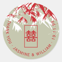 Red & Moss Bamboo Blätter Shuang Xi Chinese Weddin Runder Aufkleber