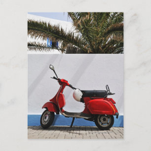 Red motor scooter by wall, Stromboli Island, Postkarte