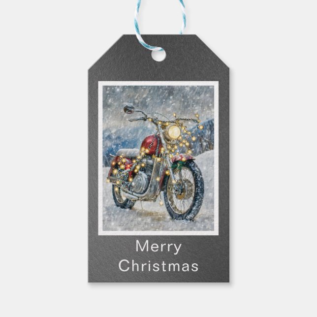 Red Motorrad mit Weihnachtsbeleuchtung Geschenkanhänger (Vorderseite)