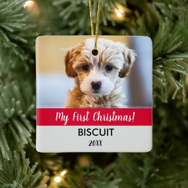 RED My First Christmas Puppy Photo Year Holiday Keramikornament (Baum)
