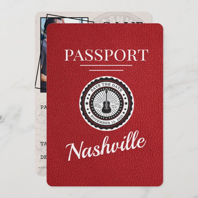 Red Nashville Passport Save the Date (Vorne/Hinten)