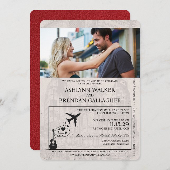 Red Nashville Passport Wedding Einladung (Vorne/Hinten)