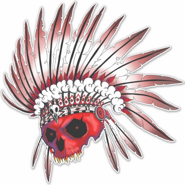 Red Native American Skull Art Aufkleber (Vorderseite)