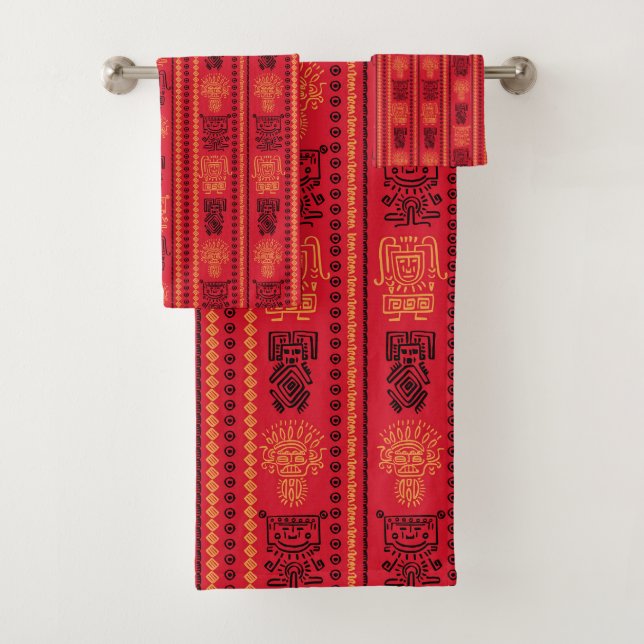 Red Native Pattern Ethnic Stamm Boho Kultur Badhandtuch Set (Insitu)
