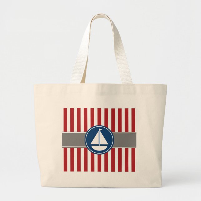 Red Nautic Sailboat Stripes Jumbo Stoffbeutel (Vorne)