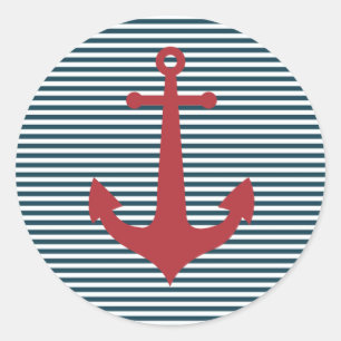 Red nautical anchor on striped blue background runder aufkleber