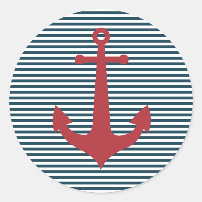Red nautical anchor on striped blue background runder aufkleber (Vorderseite)