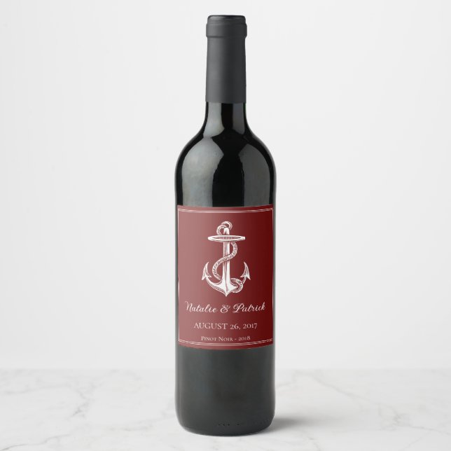 Red Nautical Anchor Wedding Wine Label Weinetikett (Vorderseite)