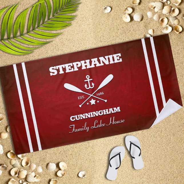 Red Nautical Theme Strip Beach Handtuch (Von Creator hochgeladen)