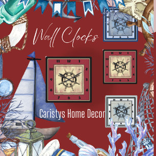 Red Nautical Themed Quadratische Wanduhr