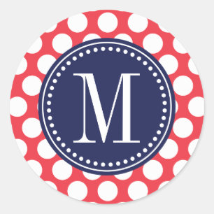 Red & Navy Big Polka Dots Mit Monogramm Runder Aufkleber
