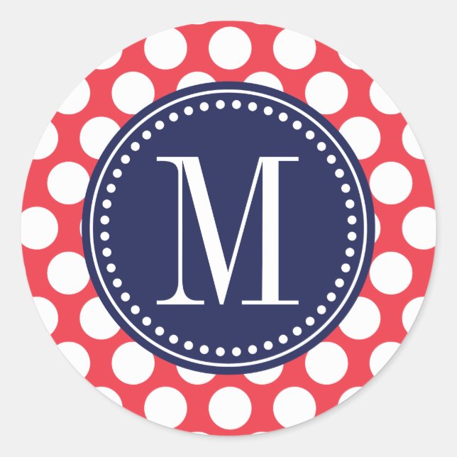 Red & Navy| Big Polka Dots Mit Monogramm Runder Aufkleber (Vorderseite)