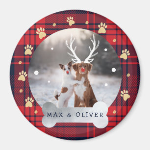 Red & Navy Blue Kariert & Gold Paw Print Pet Foto Magnet