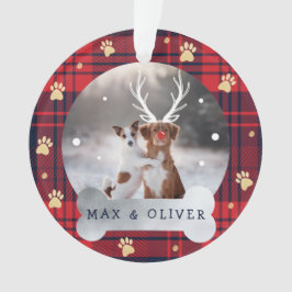 Red & Navy Blue Kariert & Gold Paw Print Pet Foto Ornament