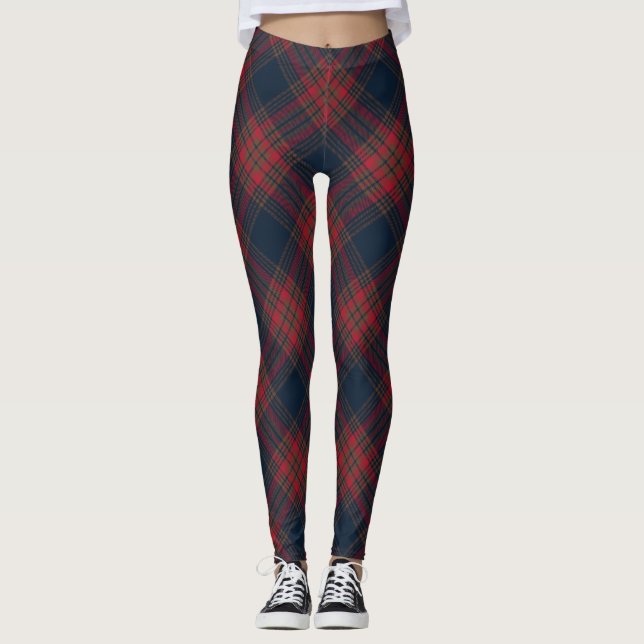 Red Navy Blue Rauten Tartan Kariertes Muster Leggings (Vorderseite)