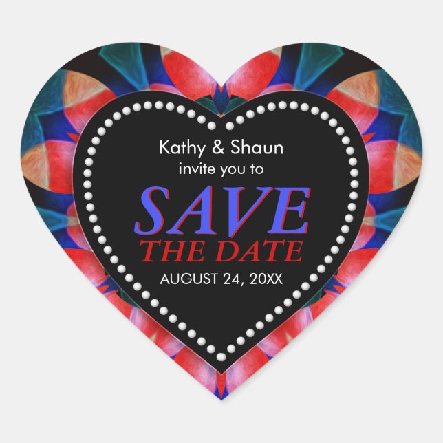 Red Navy Blue Tropical Save the Date Heart Sticker (Vorderseite)