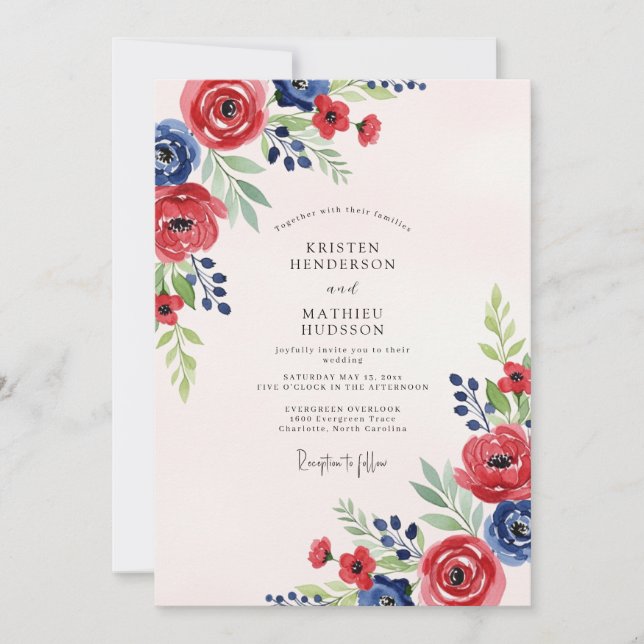 Red Navy Blue Watercolor Summer Wedding Einladung (Vorderseite)