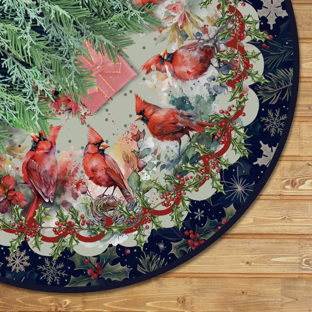 Red navy festive cardinals floral christmas custom polyester weihnachtsbaumdecke (Von Creator hochgeladen)