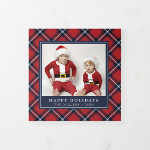 Red Navy Tartan Kariert Weihnachten Trifold Fotoka Dreifach Gefaltete Urlaubskarte