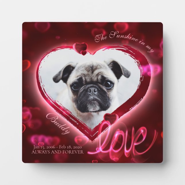 Red Neon Hearts & Liebe, Custom Pet Foto - Square Fotoplatte (Vorderseite)
