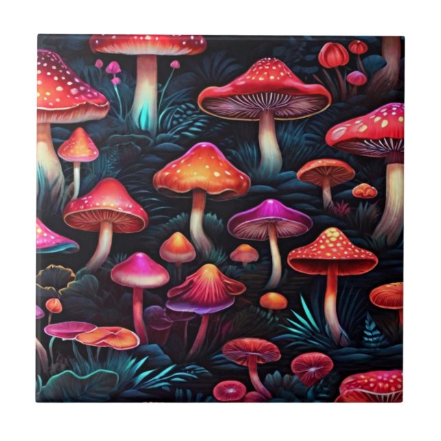 Red Neon Mushrooms - Exklusive Retro Art Fliese (Vorderseite)