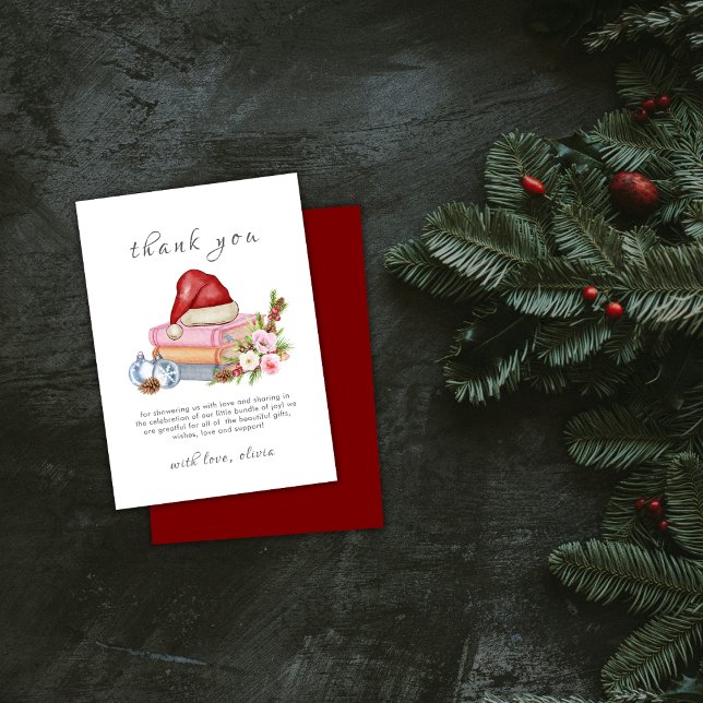 Red New Chapter Begins Winter Floral Baby Shower  Dankeskarte (Red New Chapter Begins Winter Floral Baby Shower Thank You Card)