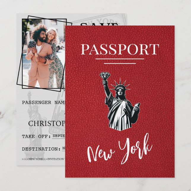 Red New York City Passport Save the Date (Vorne/Hinten)