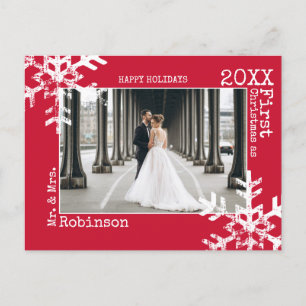 Red Newlywings First Christmas Foto Snowflakes Feiertagspostkarte