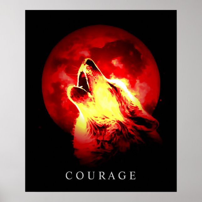 Red Night Fullmoon Motivierend Courage Wolf Poster (Vorne)