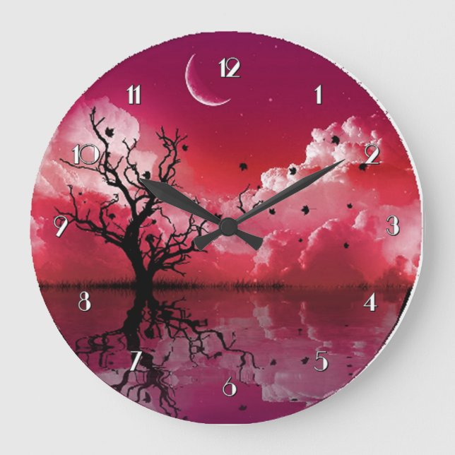 Red Night Sky Reflection Landschaftlich Wall Clock Große Wanduhr (Vorderseite)