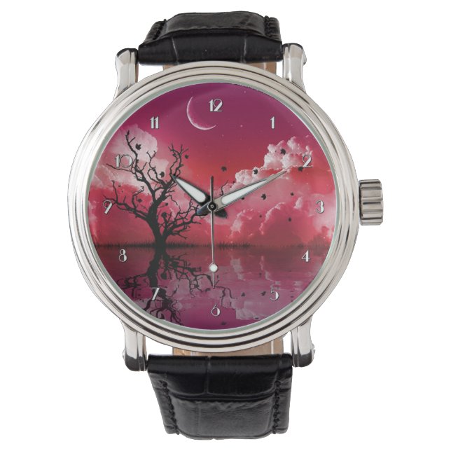 Red Night Sky Reflection Landschaftlich Wrist Watc Armbanduhr (Vorderseite)