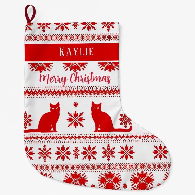 Red Nordic Cat Pattern Christmas Großer Weihnachtsstrumpf (Vorderseite)