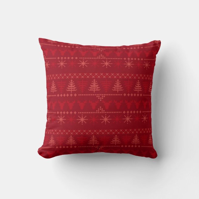 Red Nordic Christmas Strick Pattern Throw Kissen (Vorderseite)