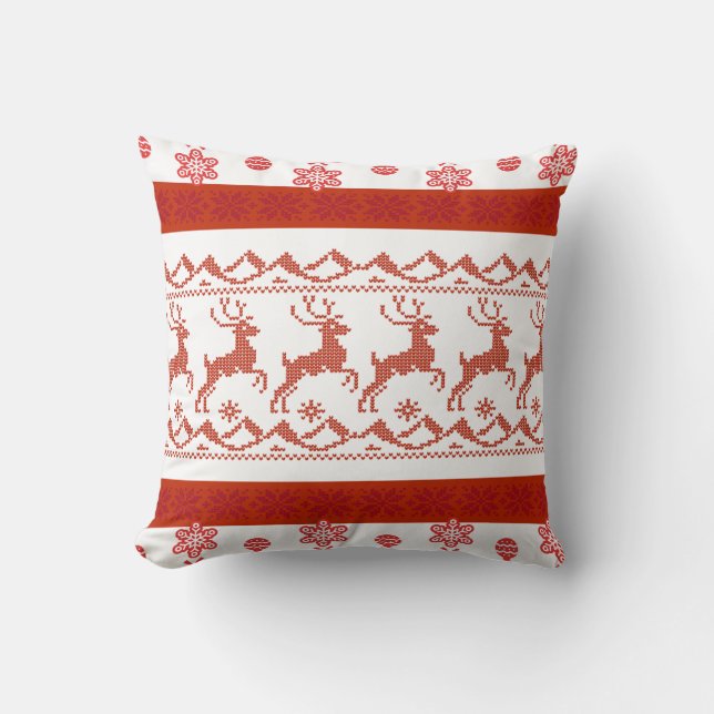 Red Nordic Reindeer Knit Pattern Christmas Pillow Kissen (Vorderseite)