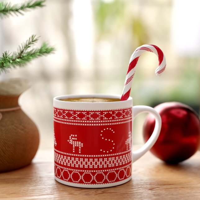 Red Nordic Rentierfestival Espresso Cup Espressotasse (As you sip your favorite espresso, let the holiday cheer fill your heart.)