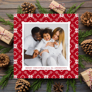 Red Nordic Snowflake Pattern Foto Feiertagskarte