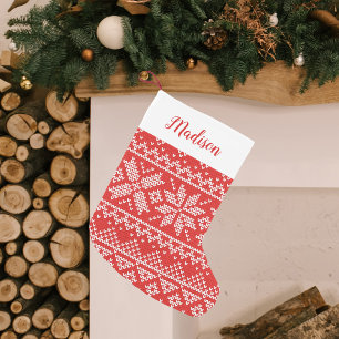 Red Nordic Snowflake Sweater Muster Personalisiert Kleiner Weihnachtsstrumpf