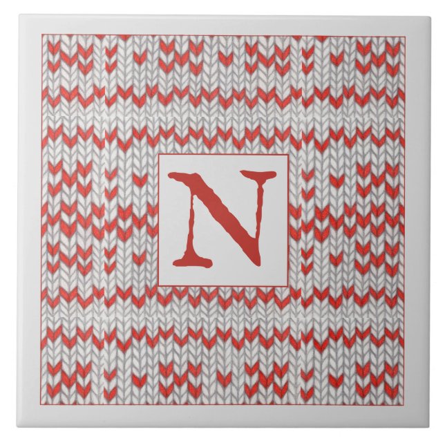 RED NORDIC STRICK Keramik Tile + Initial Fliese (Vorderseite)