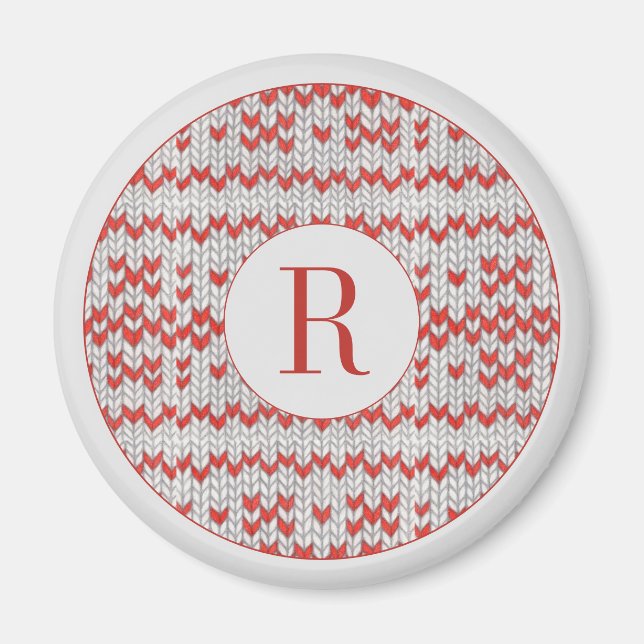 RED NORDIC STRICK Round Magnet + Initial (Vorne)