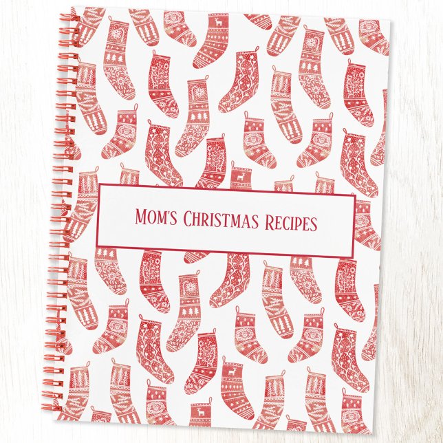 Red Nordic Strumpfs Custom Christmas Rezept Notizbuch (Nordic Stockings red and white pattern recipe book with editable text)